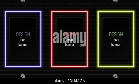 Neon frame rectangle banner Vector realistic neon rectangles on brick wall. Stock Vector