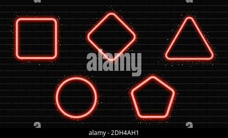Geometric neon shapes with gold sequins, neon banner. Brick wall background Stock Vector