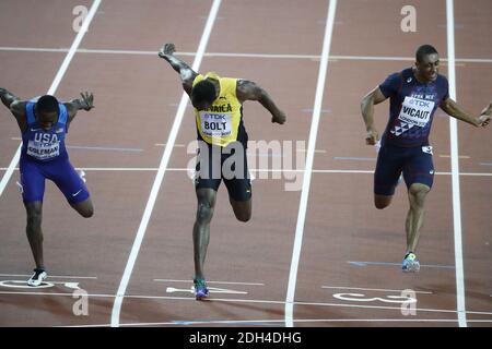 USA's Justin Gatlin wins the Men's 100m Final ahead of Christian Coleman and Jamaica's Usain Bolt in third during day two of the 2017 IAAF World Championships at the London Stadium, UK, Saturday August 5, 2017. Photo by Henri Szwarc/ABACAPRESS.COM Stock Photo