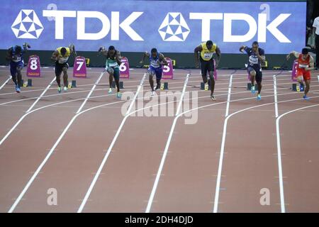 USA's Justin Gatlin wins the Men's 100m Final ahead of Christian Coleman and Jamaica's Usain Bolt in third during day two of the 2017 IAAF World Championships at the London Stadium, UK, Saturday August 5, 2017. Photo by Henri Szwarc/ABACAPRESS.COM Stock Photo