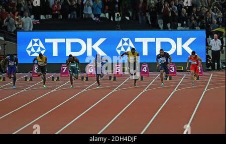 USA's Justin Gatlin wins the Men's 100m Final ahead of Christian Coleman and Jamaica's Usain Bolt in third during day two of the 2017 IAAF World Championships at the London Stadium, UK, Saturday August 5, 2017. Photo by Giuliano Bevilacqua/ABACAPRESS.COM Stock Photo