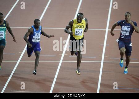 USA's Justin Gatlin wins the Men's 100m Final ahead of Christian Coleman and Jamaica's Usain Bolt in third during day two of the 2017 IAAF World Championships at the London Stadium, UK, Saturday August 5, 2017. Photo by Henri Szwarc/ABACAPRESS.COM Stock Photo