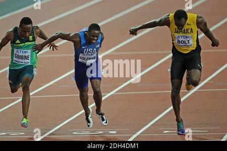 USA's Justin Gatlin wins the Men's 100m Final ahead of Christian Coleman and Jamaica's Usain Bolt in third during day two of the 2017 IAAF World Championships at the London Stadium, UK, Saturday August 5, 2017. Photo by Giuliano Bevilacqua/ABACAPRESS.COM Stock Photo