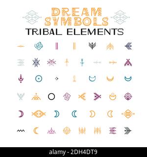 Tribal Elements of ornaments. Letters and symbols in geometric ethnic style. Aztec and native americans fabric style. Vector illustration Stock Vector