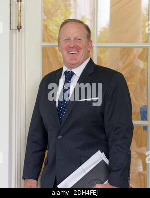 Outgoing White House press secretary Sean Spicer is photographer outside the Oval Office in the White House West Wing in Washington, DC, USA, as it is undergoing renovations while United States President Donald J. Trump is vacationing in Bedminster, New Jersey on Friday, August 11, 2017. Photo by Ron Sachs / CNP/ABACAPRESS.COM Stock Photo