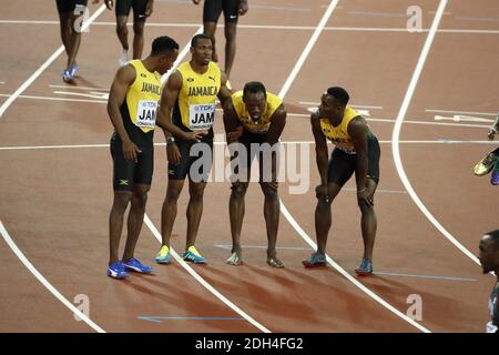 Jamaica's 4x100m Relay Team, Julian Forte, Yohan Blake, Usain Bolt and Omar McLeod react after Bolt falls during day nine of the 2017 IAAF World Championships at the London Stadium, UK, Saturday August 12, 2017. Photo by Henri Szwarc/ABACAPRESS.COM Stock Photo
