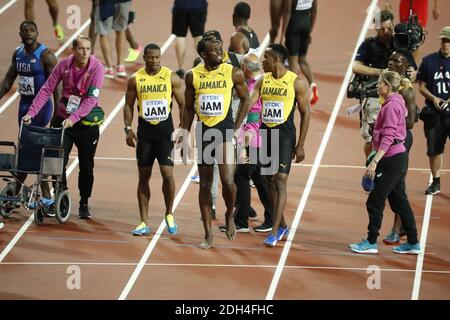 Jamaica's 4x100m Relay Team, Julian Forte, Yohan Blake, Usain Bolt and Omar McLeod react after Bolt falls during day nine of the 2017 IAAF World Championships at the London Stadium, UK, Saturday August 12, 2017. Photo by Henri Szwarc/ABACAPRESS.COM Stock Photo