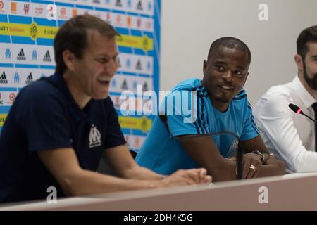 Marseille's head coach Rudi Garcia and defender Patrice Evra hold a press conference at the Velodrome Stadium in Marseille, southeastern France, on August 23, 2017 on the eve of the UEFA Europa League play-off football match between Olympique de Marseille and NK Domzale. Photo by Guillaume Chagnard/ABACAPRESS.COM Stock Photo