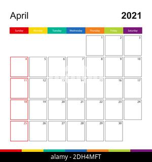 April 2021 colorful wall calendar, week starts on Sunday. 2021 Calendar template. Stock Vector