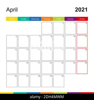 April 2021 colorful wall calendar, week starts on Monday. 2021 Calendar template. Stock Vector