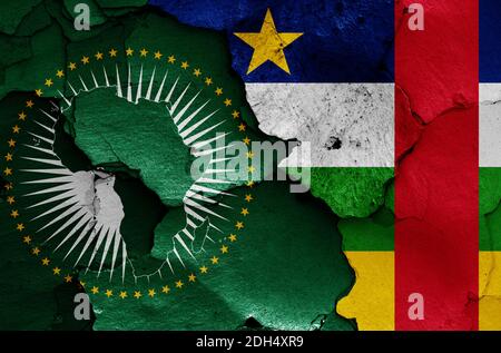 Flags of African Union and Central African Republic painted on cracked ...