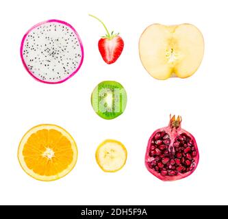 Collection of fresh fruit slices on white background.Dragon fruit ,strawberries,apple,kiwi,Orange,banana,pomegranate,with clipping path Stock Photo