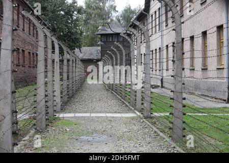 Barracks surrounded by barbed wire fences at the Auschwitz-Birkenau Nazi concentration camps in Auschwitz, Poland on September 3, 2017. Auschwitz concentration camp was a network of German Nazi concentration camps and extermination camps built and operated by the Third Reich in Polish areas annexed by Nazi Germany during WWII. It consisted of Auschwitz I (the original camp), Auschwitz II–Birkenau (a combination concentration/extermination camp), Auschwitz II–Monowitz (a labor camp to staff an IG Farben factory), and 45 satellite camps. In September 1941, Auschwitz II–Birkenau went on to become Stock Photo