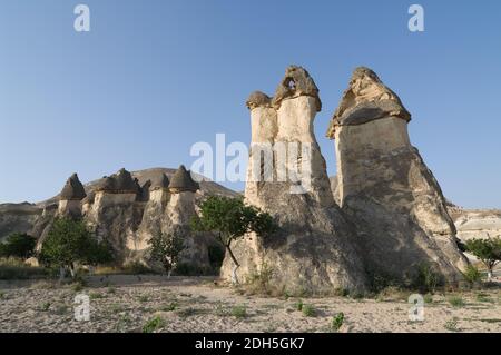 group of fairy chimneys typical rock formation in Goreme, Cappadocia - Turkey Stock Photo