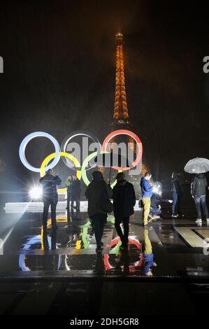 The Olympic rings are unveiled on the Trocadero square opposite the Eiffel Tower to celebrate Paris officially being awarded the 2024 Olympic Games in Paris, France, on September 13, 2017. Photo by Alain Apaydin/ABACAPRESS.COM Stock Photo