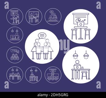 bundle of workers avatars coworking line style icons in yellow ...