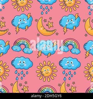 kawaii weather comic characters pattern in pink background vector illustration design Stock Vector