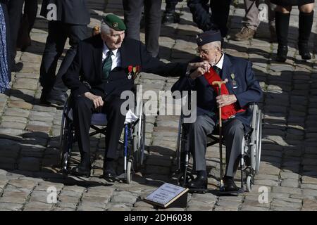 Two of the last 10 survivors of the 'Compagnons de la Liberation' Hubert Germain and Yves de Daruvar attending a ceremony in memory of Fred Moore, Honorary chancellor of the Order of Liberation in Les Invalides, Paris, France on September 22nd, 2017. Photo by Henri Szwarc/ABACAPRESS.COM Stock Photo