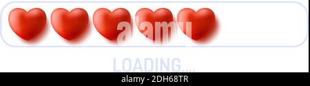 Love loading concept. Progress status bar with realistic Red heart. Funny happy valentines day element. Web design app download timer. Stock Vector