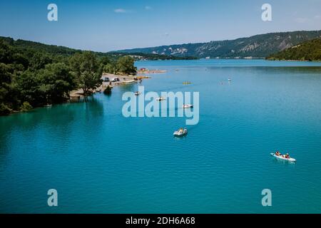 View to the cliffy rocks of Verdon Gorge at lake of Sainte Croix, Provence, France, near Moustiers Sainte Marie, department Alpe