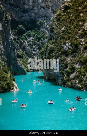 View to the cliffy rocks of Verdon Gorge at lake of Sainte Croix, Provence, France, near Moustiers Sainte Marie, department Alpe