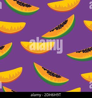 Seamless pattern with papaya and mango slices on purple background. Stock Vector