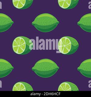 Cute seamless pattern with lime fruits on dark background.  Stock Vector