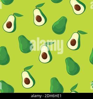 Seamless pattern with avocado fruits on green background. Stock Vector