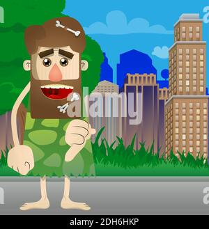 Cartoon man from prehistoric era showing dislike hand sign. Vector illustration of a man from the stone age. Stock Vector