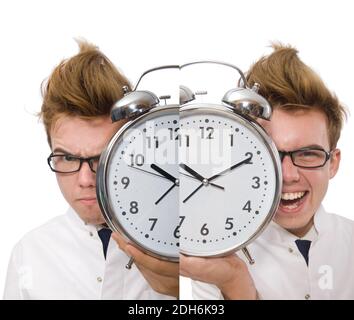 Funny doctor with alarm clock isolated on white Stock Photo