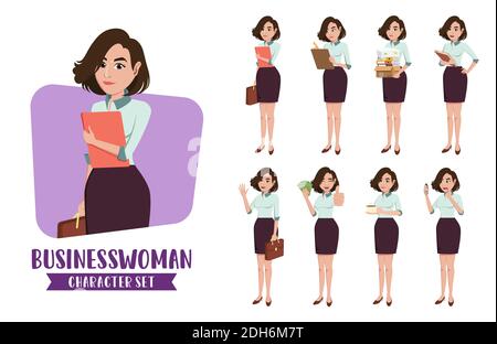 Businesswoman character vector set. Business woman characters female office employee in different standing pose and gestures for staff collection Stock Vector