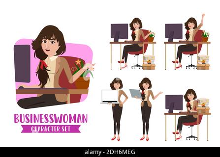 Business woman in desk character vector set. Businesswoman female characters sitting in desk and preparing for demo presentation for office desk Stock Vector