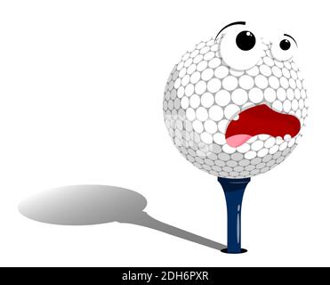frightened, scared golf ball stands on tee, stand, waiting to be hit. Sport equipment. Funny cartoon vector Stock Vector