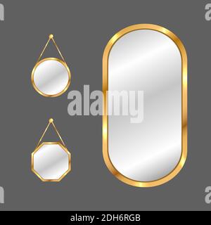 Hanging mirrors set. Circle and square mirrors with golden frame. Stock Vector