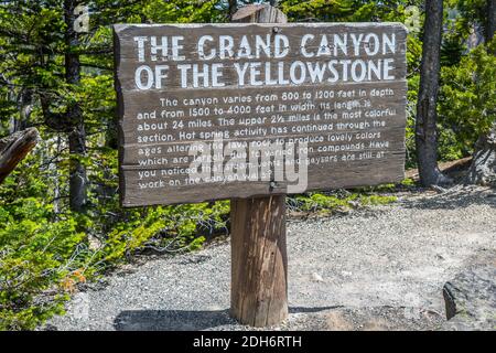 A description board for the historic canyon in Yellowstone NP, Wyoming Stock Photo