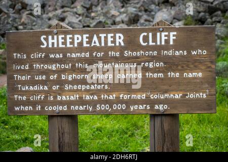 A description board for the historic cliff in Yellowstone NP, Wyoming Stock Photo