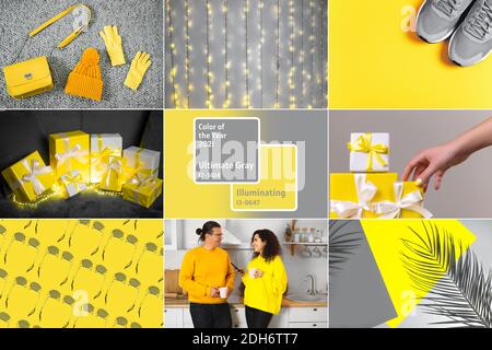 Collage demonstrating trendy colors 2021 - Gray and Yellow. . Lifestyle images and fashion outfits Stock Photo