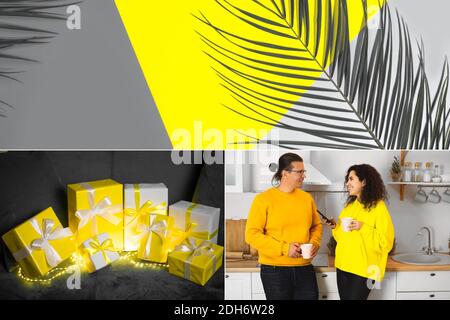 Collage demonstrating trendy colors 2021 - Gray and Yellow. Lifestyle images Stock Photo