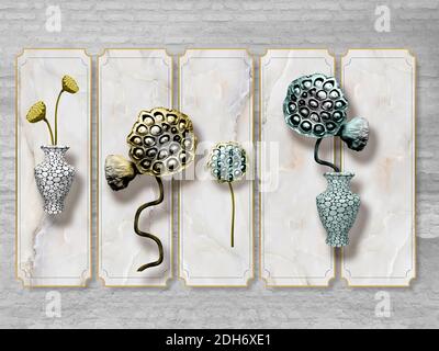 3d illustration, gray brick background, marble tile, two vases, green and yellow lotus flowers with seeds Stock Photo