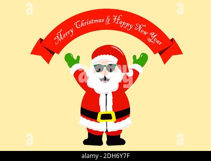 Santa claus wearing sunglasses standing smiling cute with christmas greeting card banner red ribbon with message merry christmas and happy new year. Stock Photo