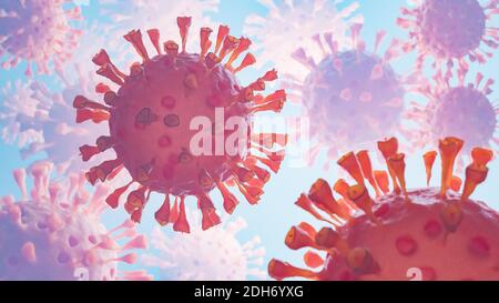 Image of Flu virus cell under the microscope on the blood. Coronavirus Covid-19 outbreak influenza background. 3D Render backgro