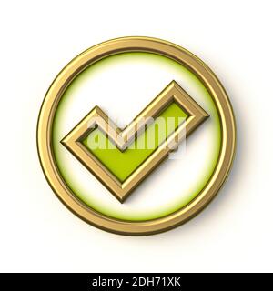 Golden green circle check mark 3D Stock Photo