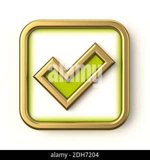 Golden green square check mark 3D Stock Photo