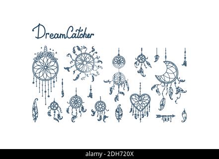Boho dreamcatchers with feathers and arrow. Big set with dreamcatchers in shape of crescent moon, heart and circles. Vector illustration in doodle Stock Vector