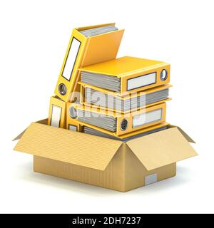 Yellow file folders in cardboard box 3D Stock Photo