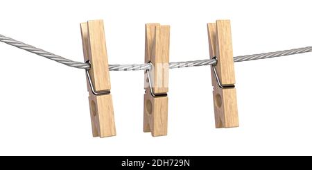 Clothes pins on a clothes line rope - four wooden pegs holding