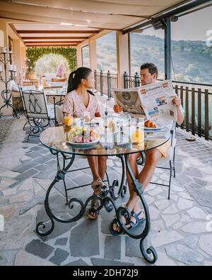 Couple having breakfast at luxury villa at the Italian country side near Rome Italy Stock Photo