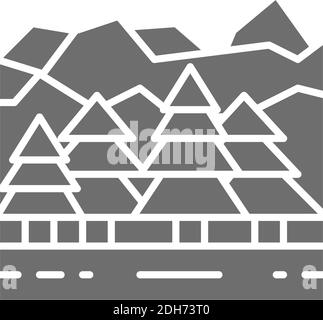 Forest and mountains, canadian landscape grey icon. Stock Vector
