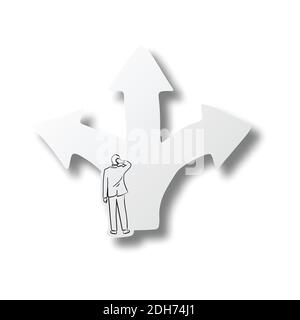 Vector illustration black line hand drawn of confused businessman standing in front of a crossroad with road split in three different ways as arrows o Stock Vector