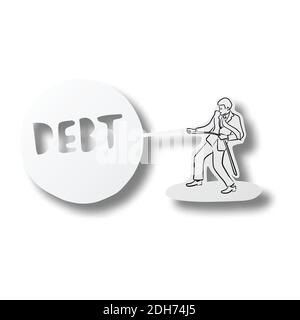 Vector illustration black line hand drawn of Businessman pulling huge weight circle debt on cut paper with shadow isolated on white background. Paper Stock Vector